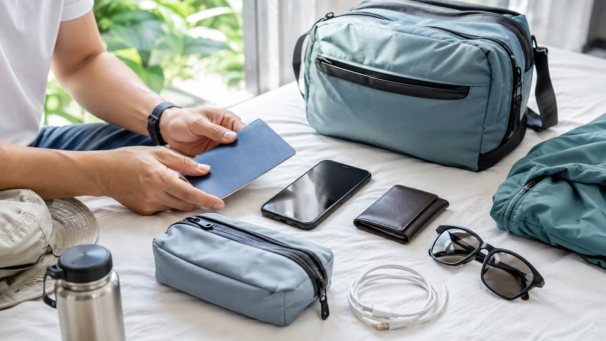 海外旅行の出発前にスマホと持ち物を準備している様子