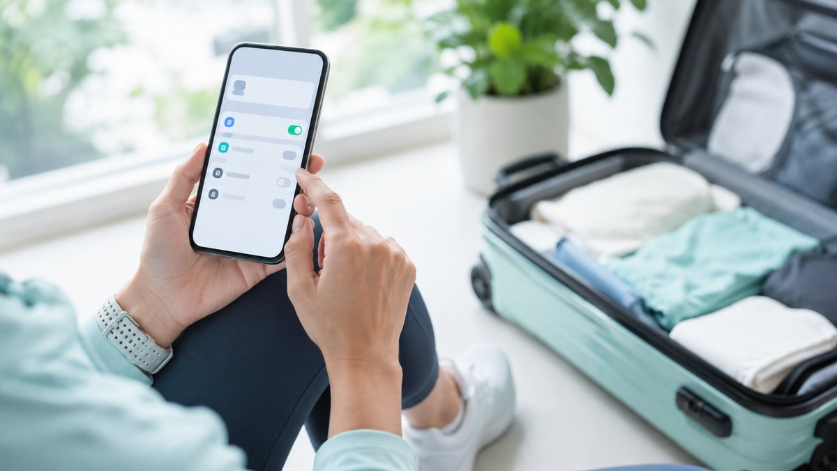 海外旅行の出発前にスマホの契約プランを確認する様子